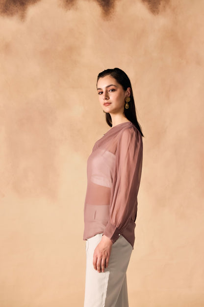 Pleated Pearl Buttoned Yoke Georgette Top