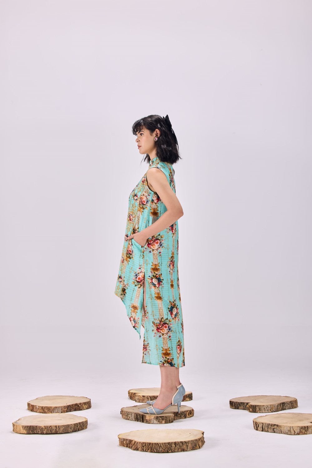 High Neck Vintage Floral Stripe Cotton Dobby Shift Dress