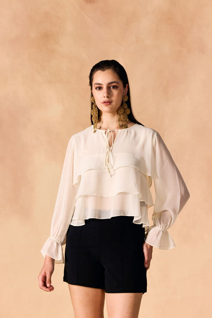 Casual Layered White Georgette Crop Top
