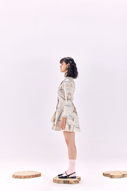 Button-Up Renaissance King Print Twill Layered Short Dress