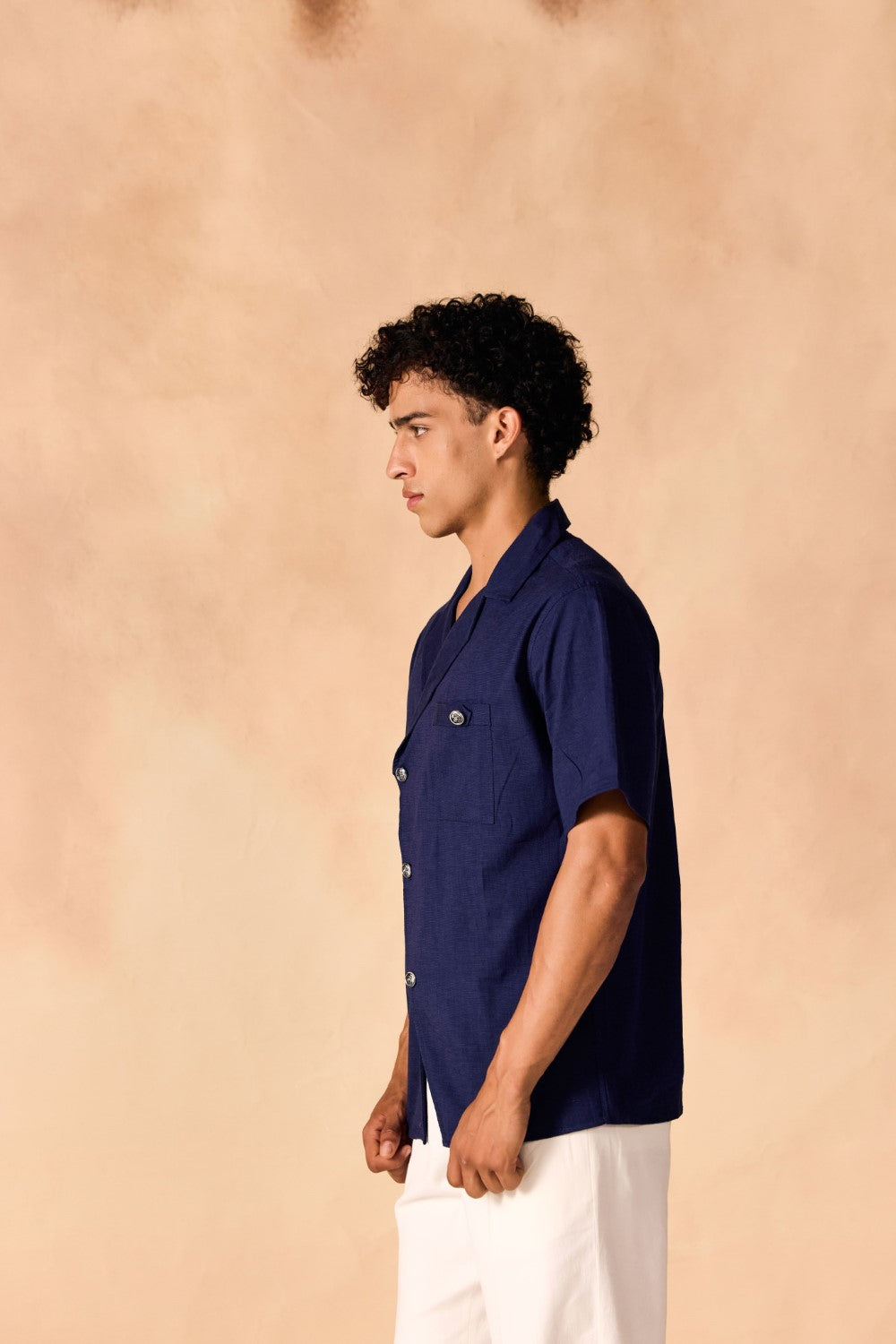 Overlapping Notched Lapel Collar Casual Cotton Shirt