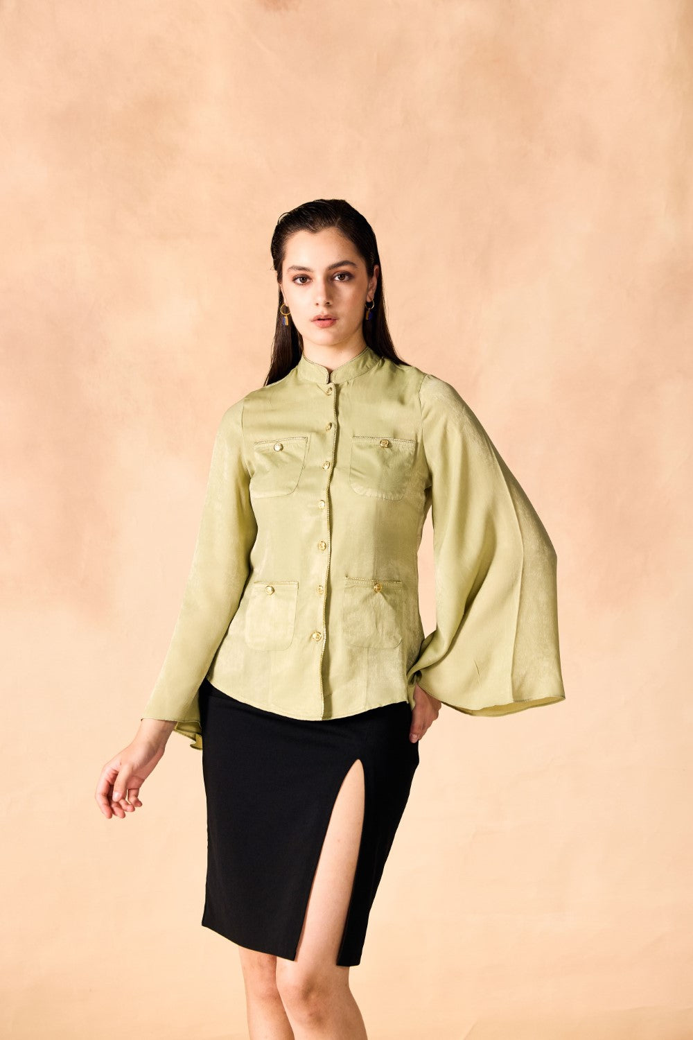 Gold Piped Trim Bell Sleeves Shirt