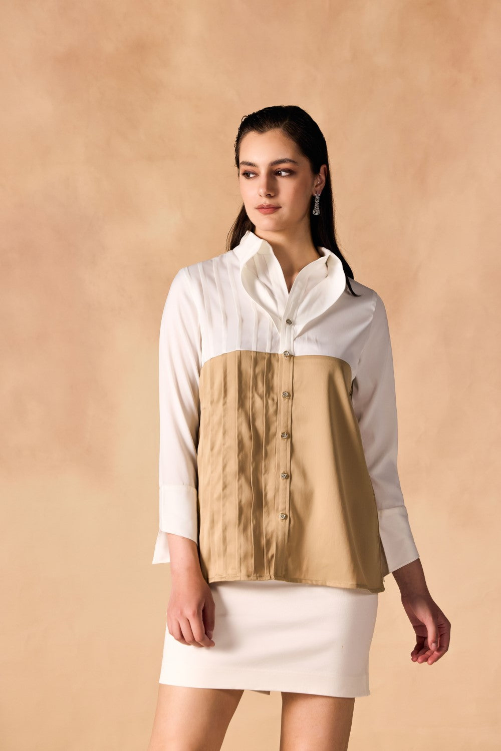 Two-Tone Pintuck Pleated Button-up Satin Shirt