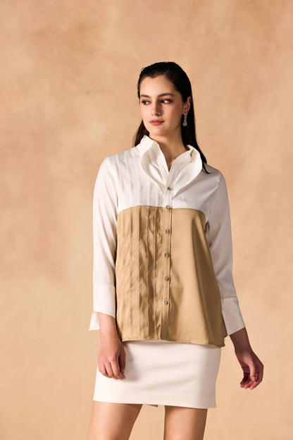 Two-Tone Pintuck Pleated Button-up Satin Shirt