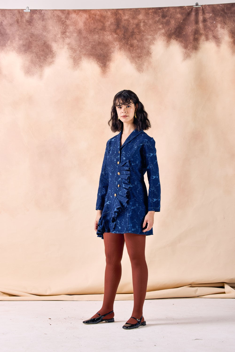 Lapel Collar Frilled Blazer Textured Denim Short Dress