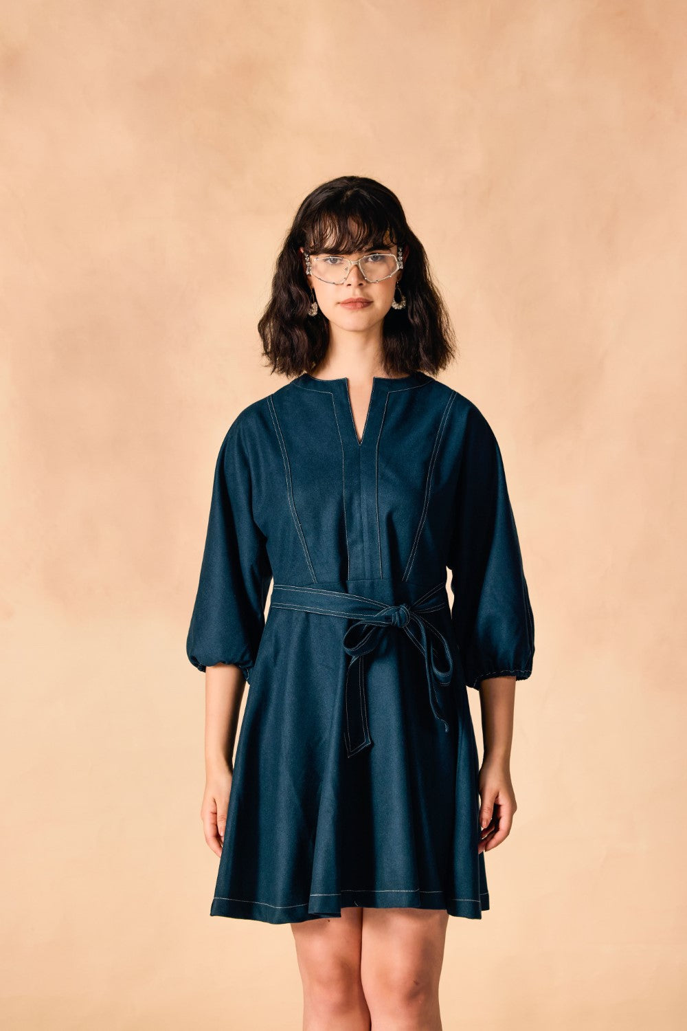 Contrast Stitch Tie Waist Flared Denim Tweed Dress