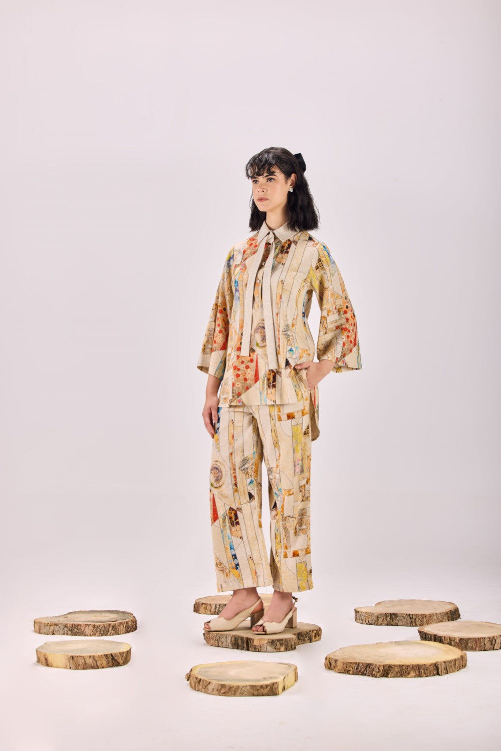 Nouvean Art Print Tie Neck Top & Pant Co-ord Set