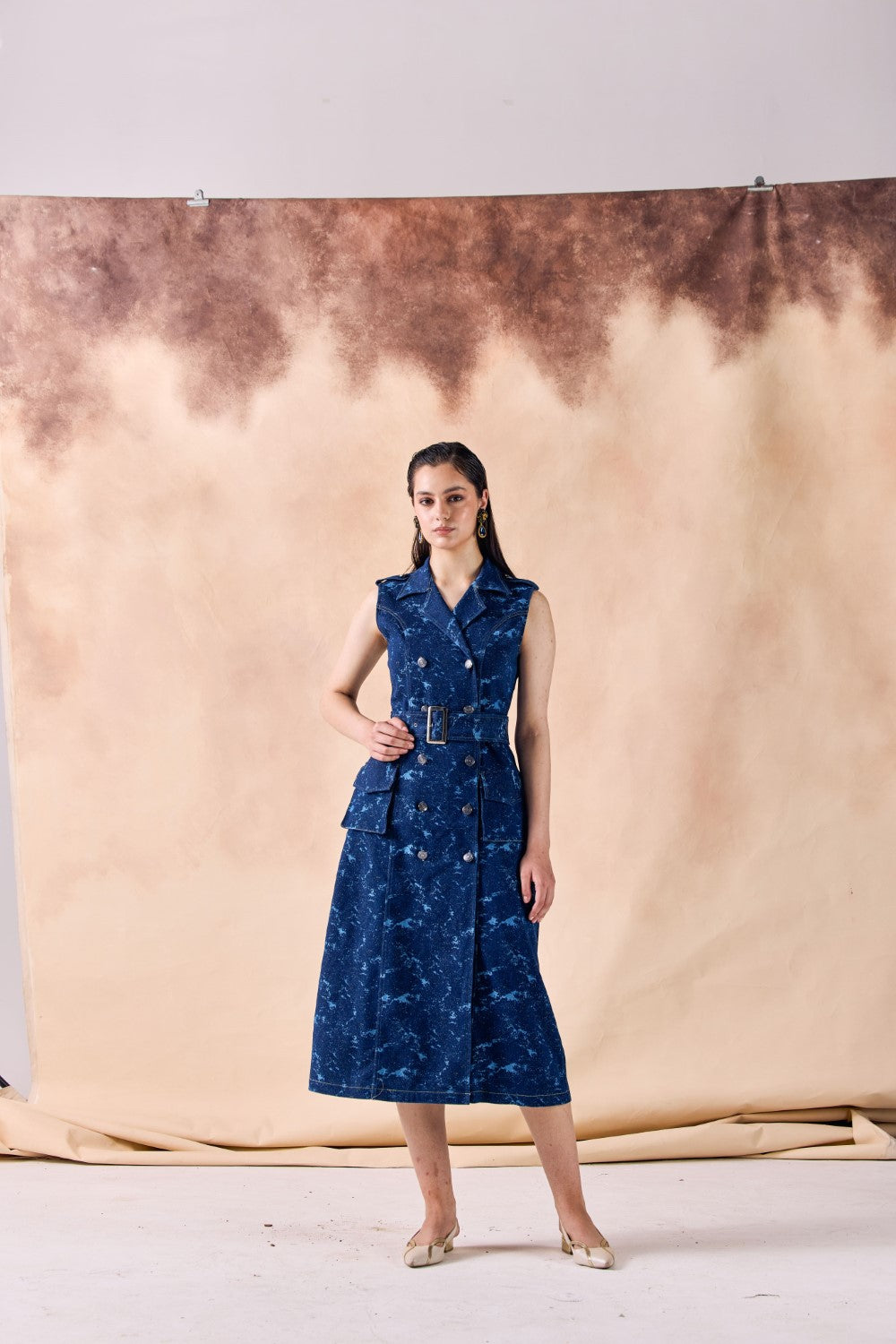 Double Breasted Belted Trench Midi Denim Dress