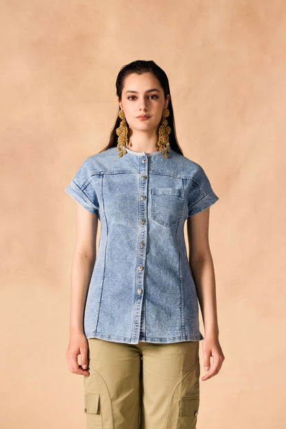 Short Sleeve Button-Up Stone Washed Denim Shirt