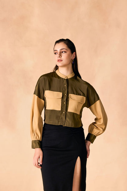 Colorblocked Front Pocket Button-Down Crop Shirt