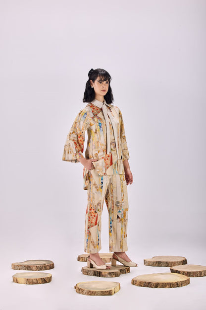 Nouvean Art Print Tie Neck Top & Pant Co-ord Set