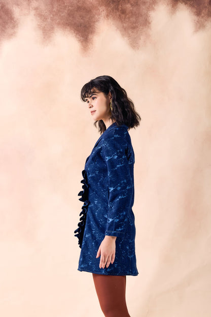 Lapel Collar Frilled Blazer Textured Denim Short Dress