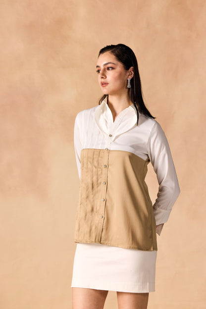 Two-Tone Pintuck Pleated Button-up Satin Shirt