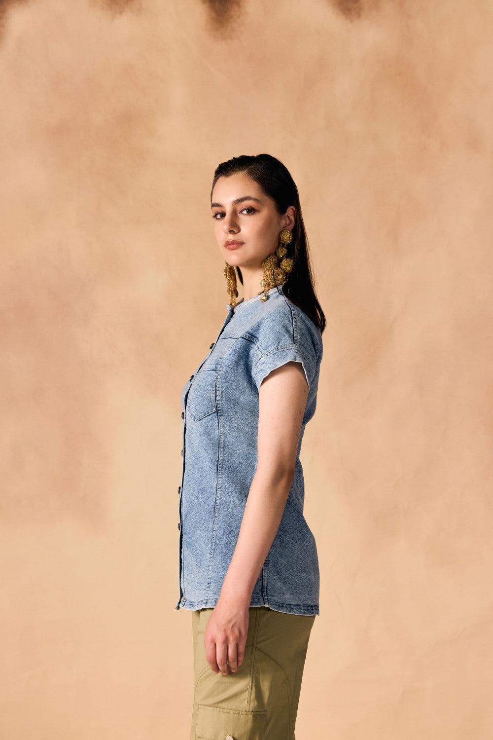 Short Sleeve Button-Up Stone Washed Denim Shirt