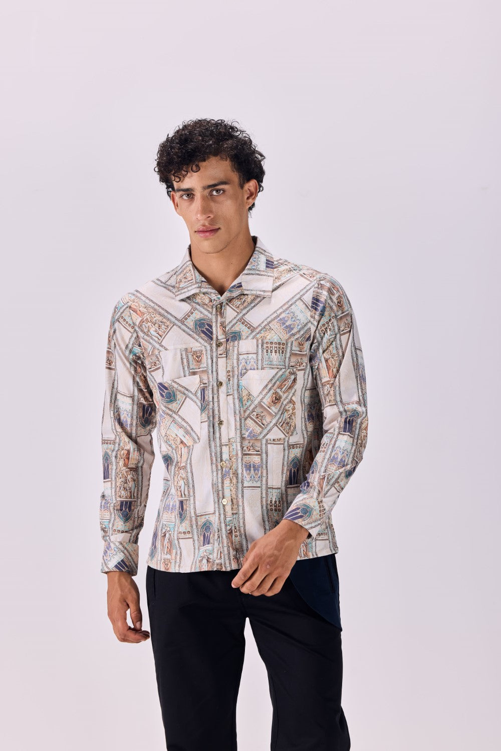 Ancient Roman Print Button-Up Drop Pocket Shirt