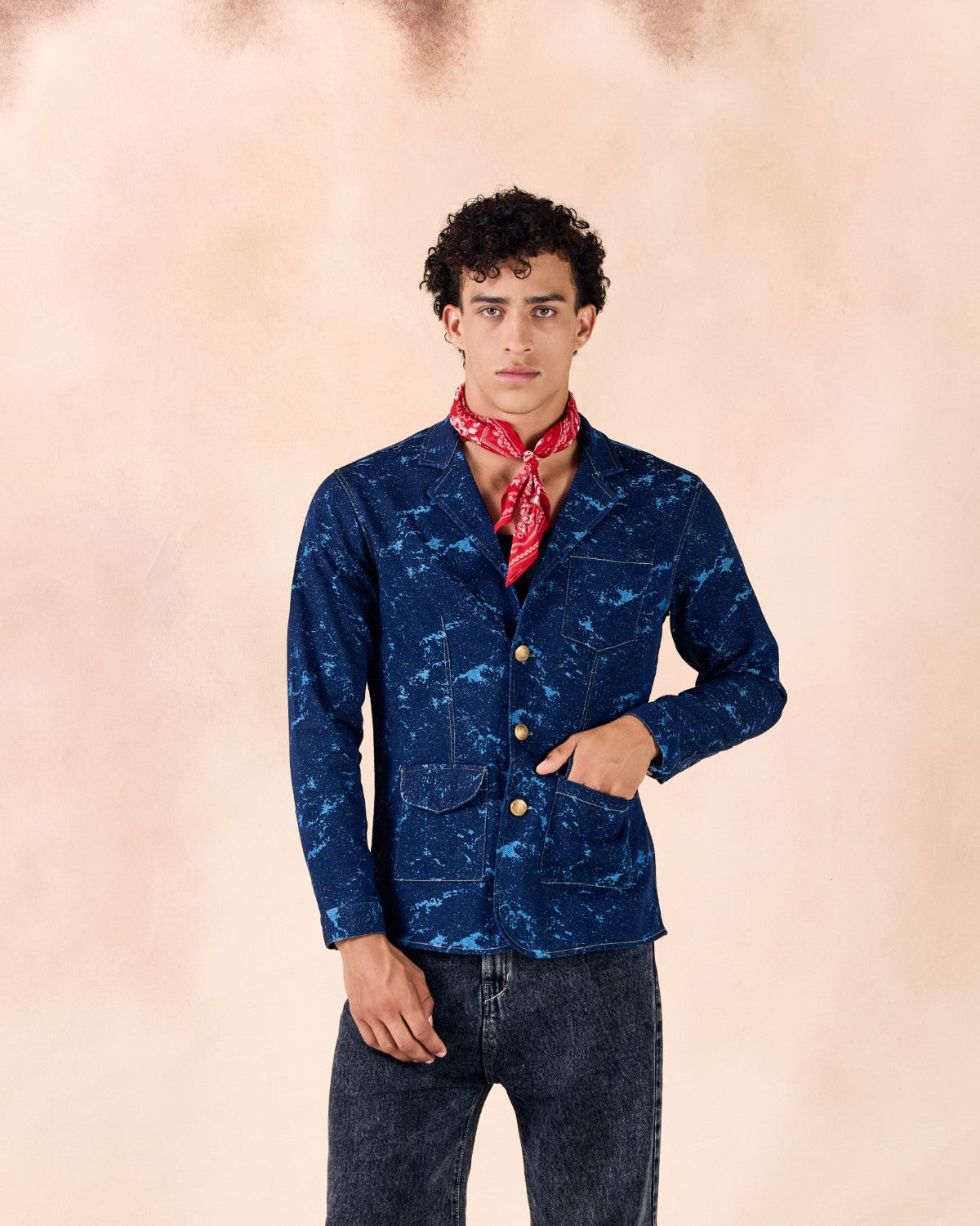 Lapel Collar Button-Up Textured Denim Blazer Jacket