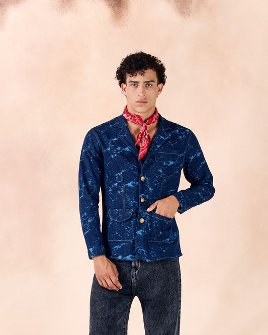 Lapel Collar Button-Up Textured Denim Blazer Jacket