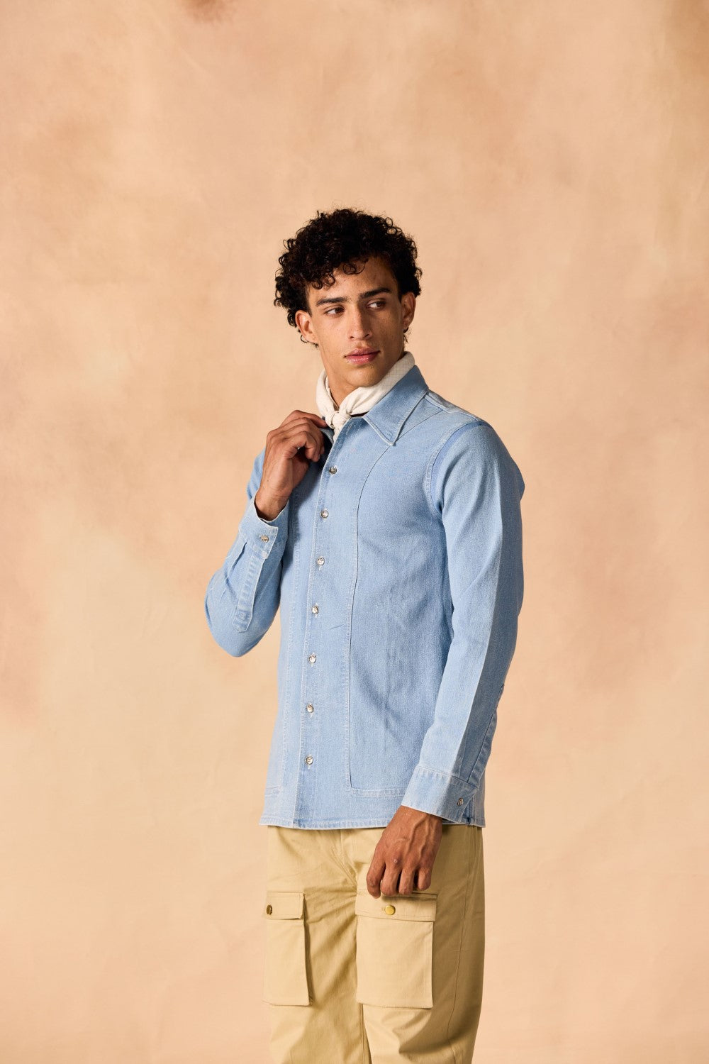 Ice Wash Denim Button-Up Paneled Shirt