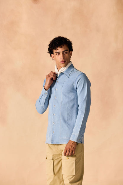 Ice Wash Denim Button-Up Paneled Shirt