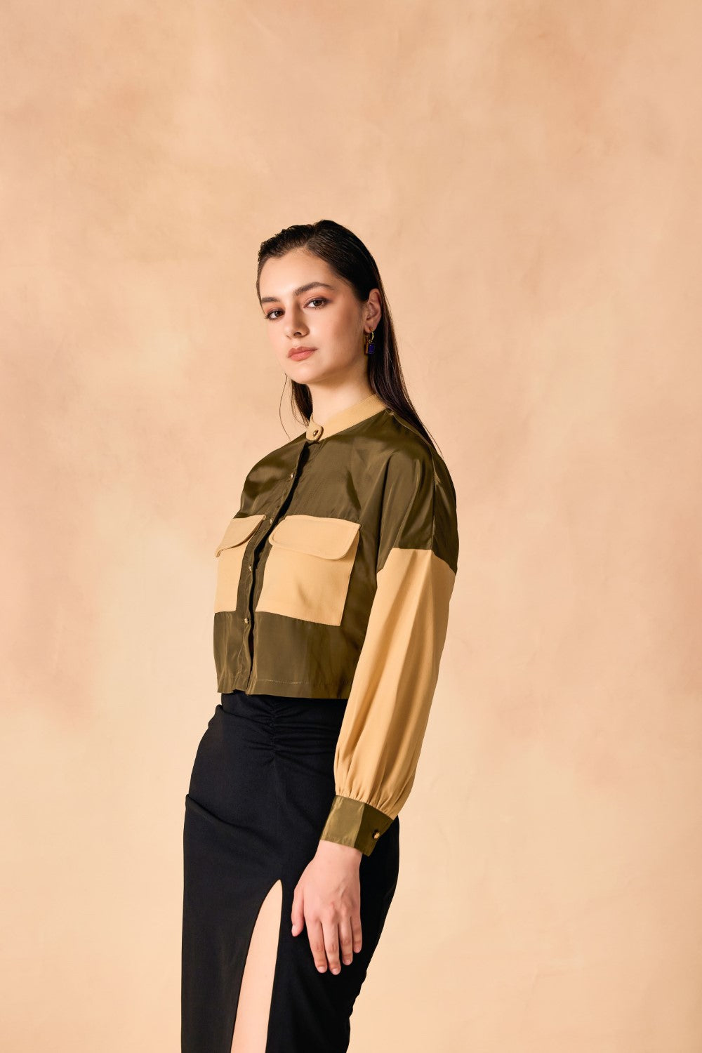 Colorblocked Front Pocket Button-Down Crop Shirt