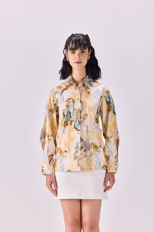 Pintuck Pleated Button-Up Kingdom of Egypt Print Shirt