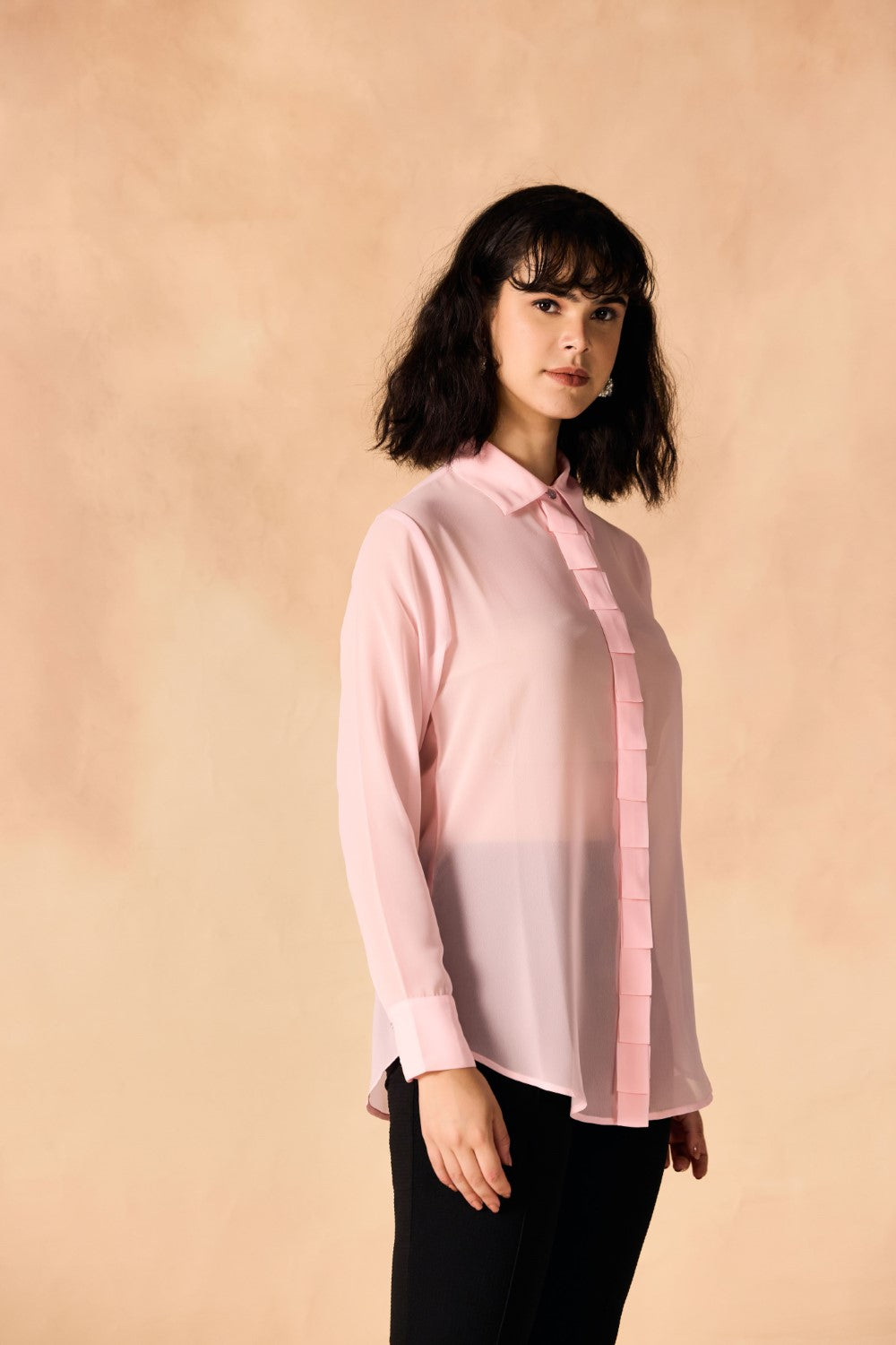 Pink Sheer Georgette Pleated Placket Full Sleeves Casual Shirt