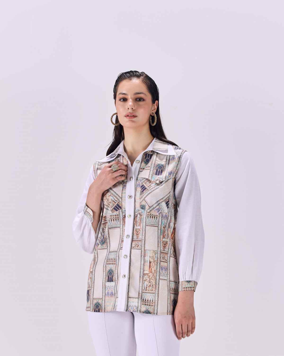 Double Collar Button-Up Ancient Roman  Print Shirt