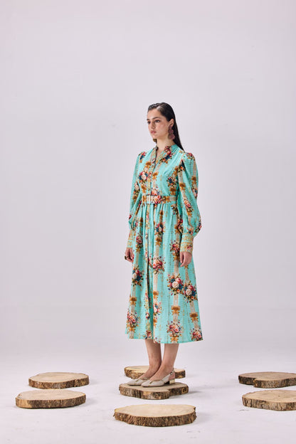 Vintage Floral Stripe Button-Up Maxi Shirtdress