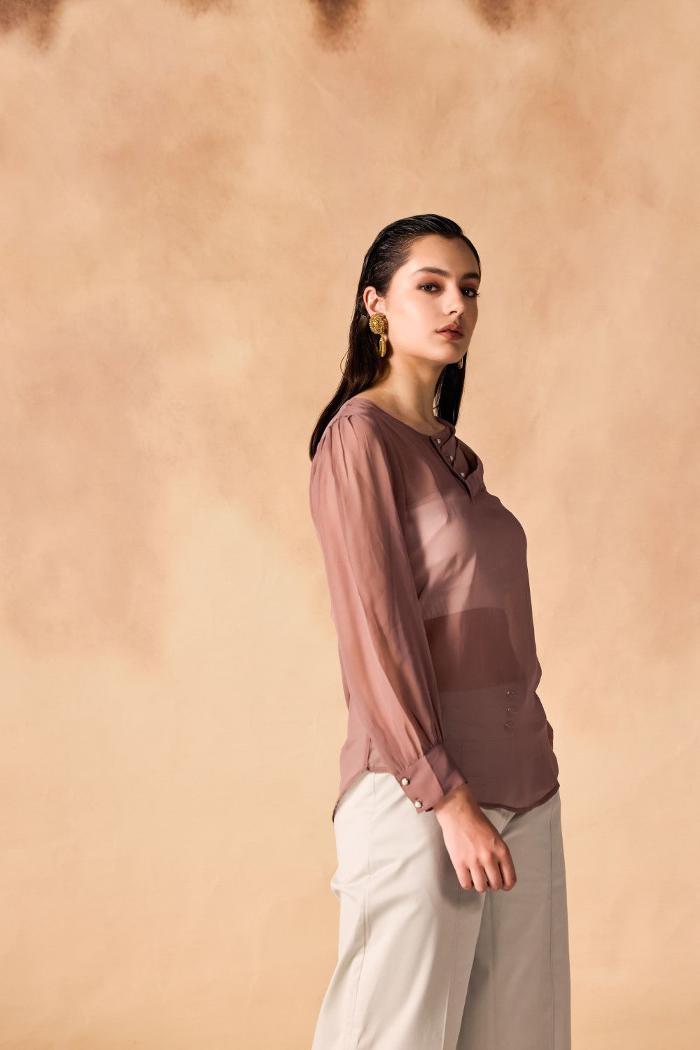 Pleated Pearl Buttoned Yoke Georgette Top