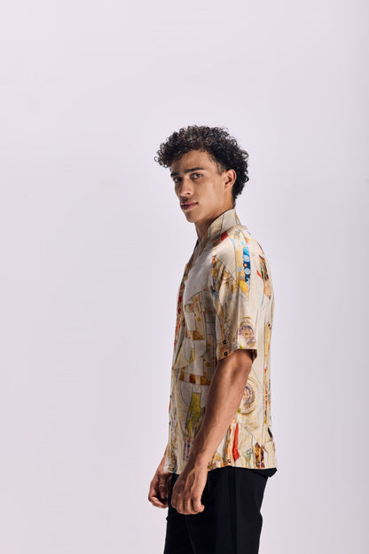 Nouvean Art Print V-Neck Paneled Shirt