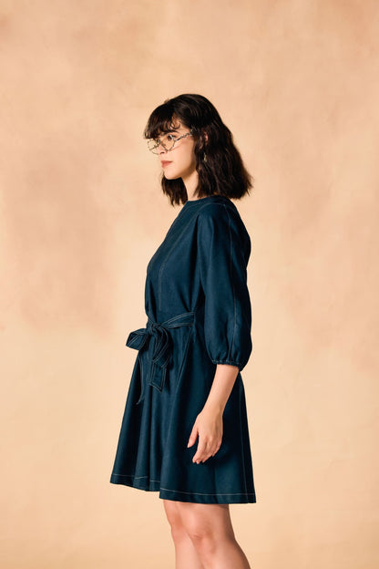 Contrast Stitch Tie Waist Flared Denim Tweed Dress