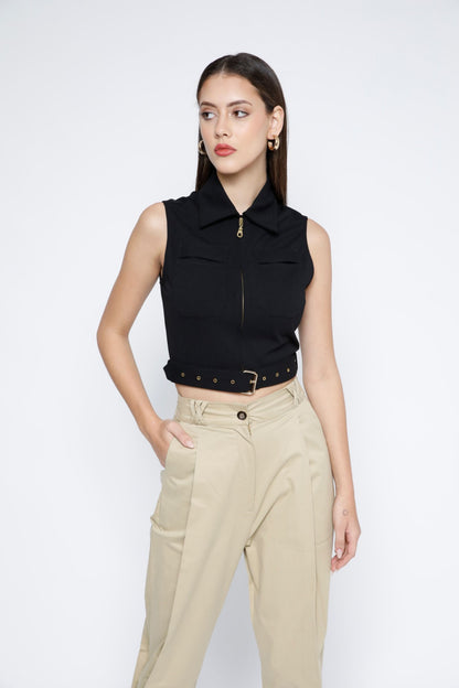 Gold Metal Zip Belted Crop Top