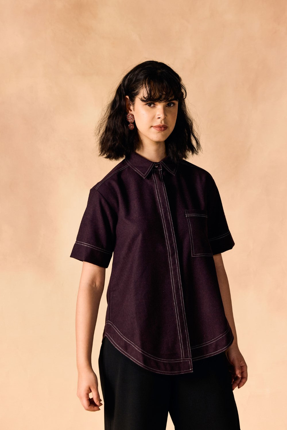Contrast Stitch Button-Up Casual Oversized Shirt