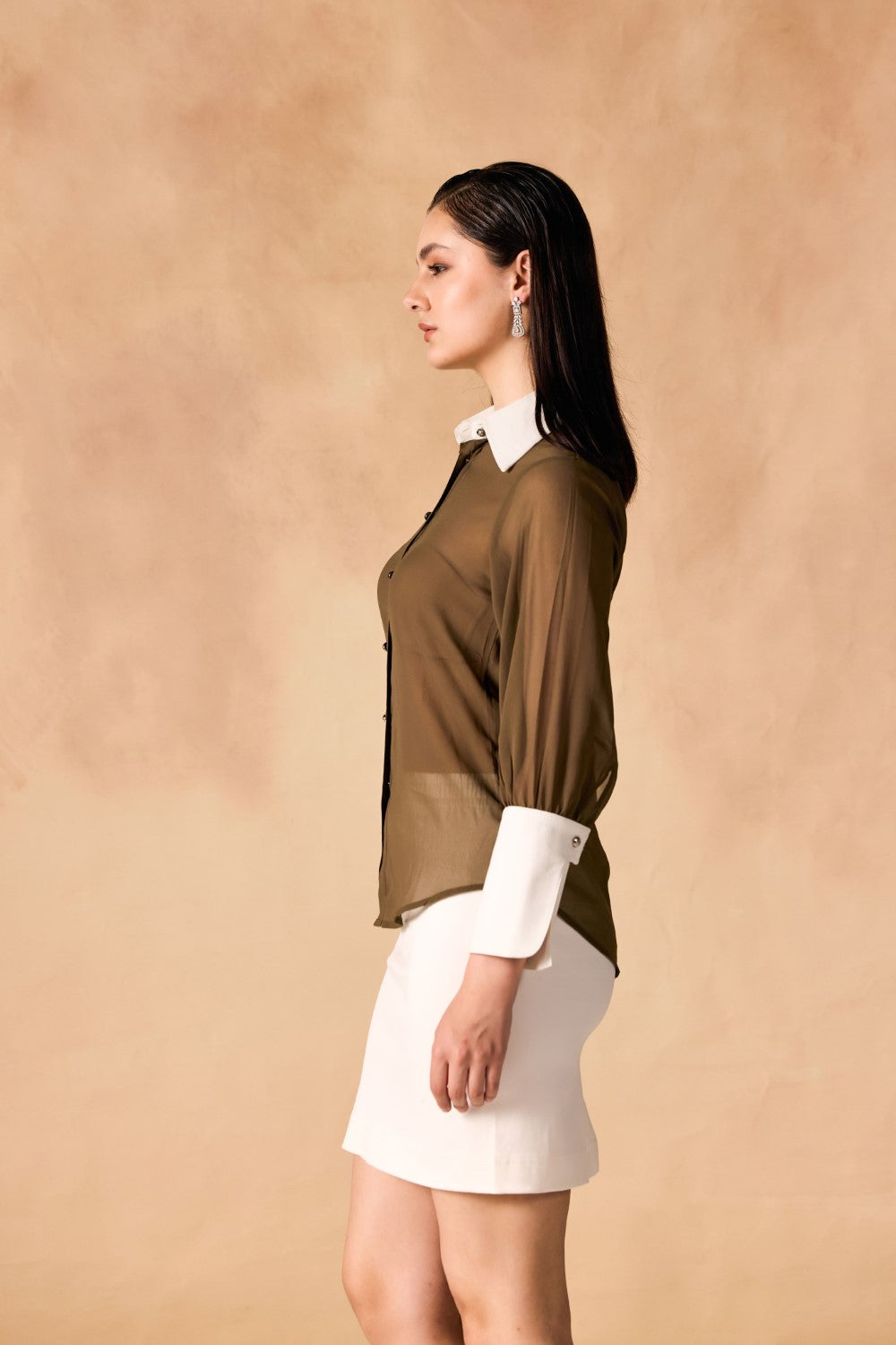 Button-Up Contrast Collar & Oversized Cuffs Georgette Sheer Shirt