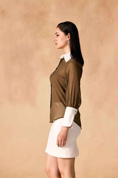 Button-Up Contrast Collar & Oversized Cuffs Georgette Sheer Shirt