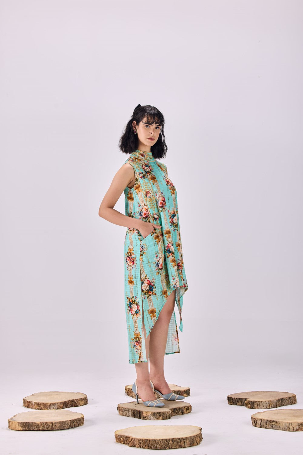 High Neck Vintage Floral Stripe Cotton Dobby Shift Dress