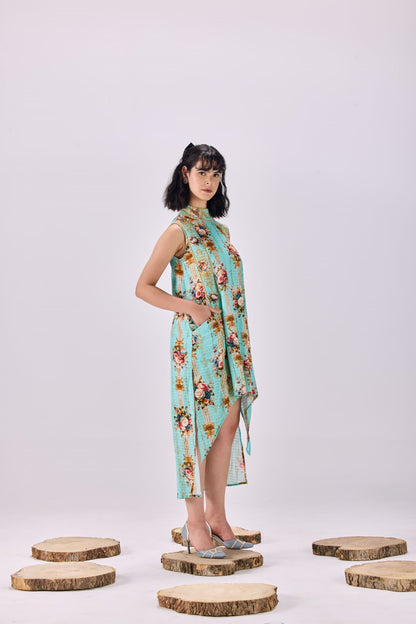 High Neck Vintage Floral Stripe Cotton Dobby Shift Dress