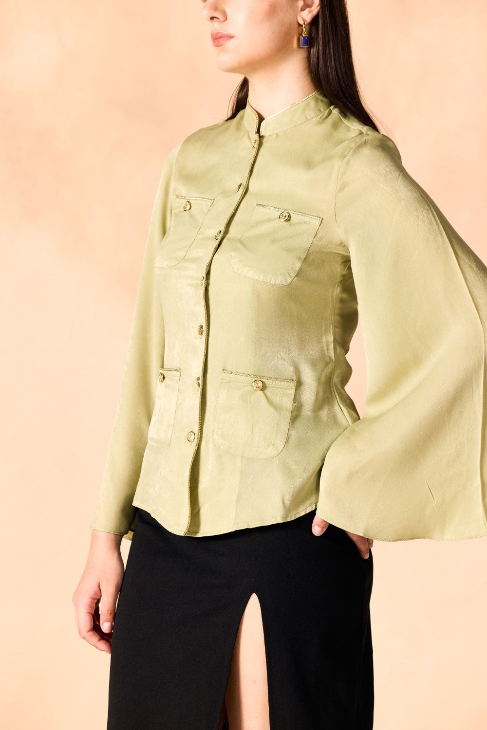 Gold Piped Trim Bell Sleeves Shirt