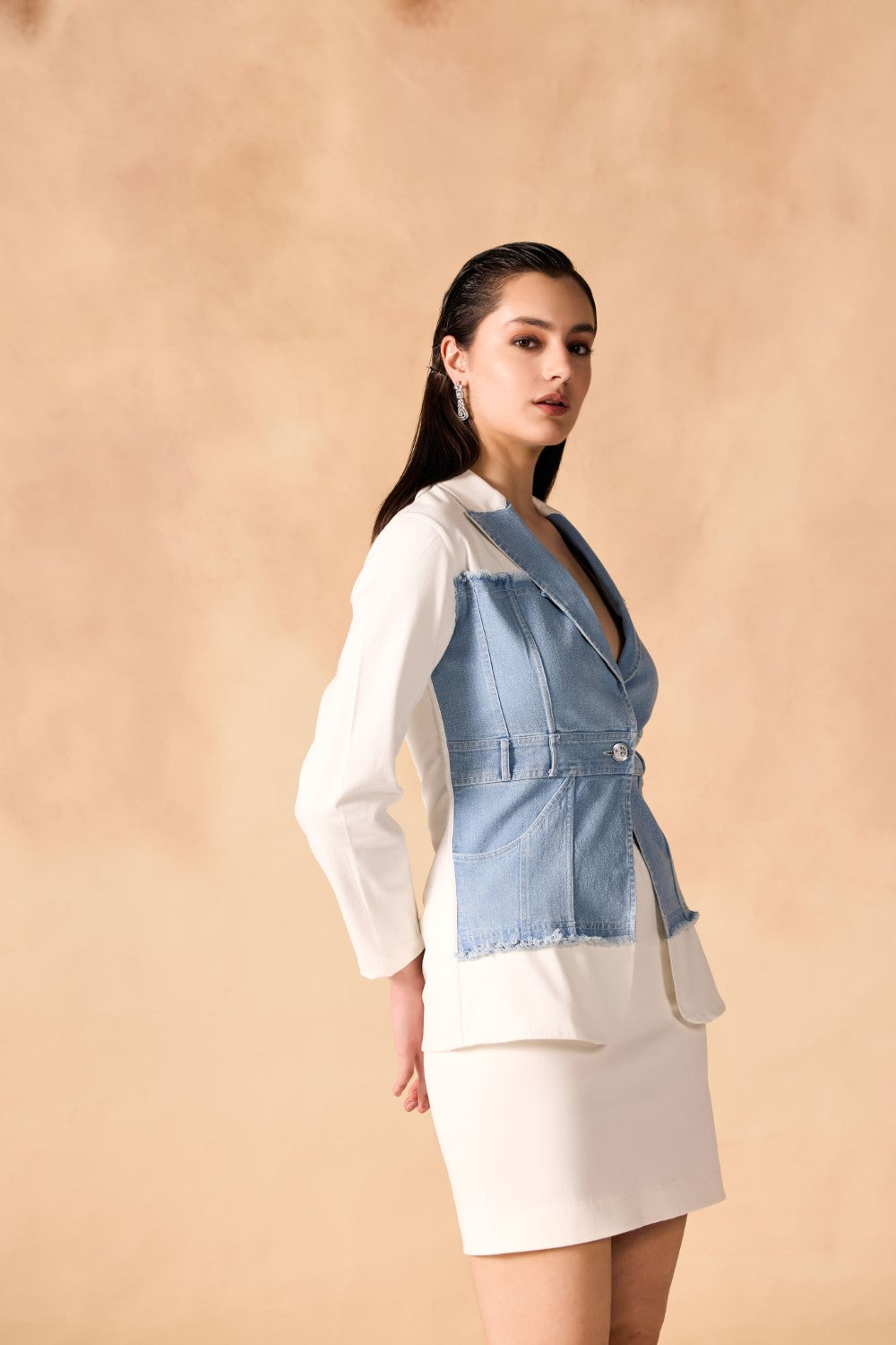 Denim Paneled Fringed Twill Structured Jacket