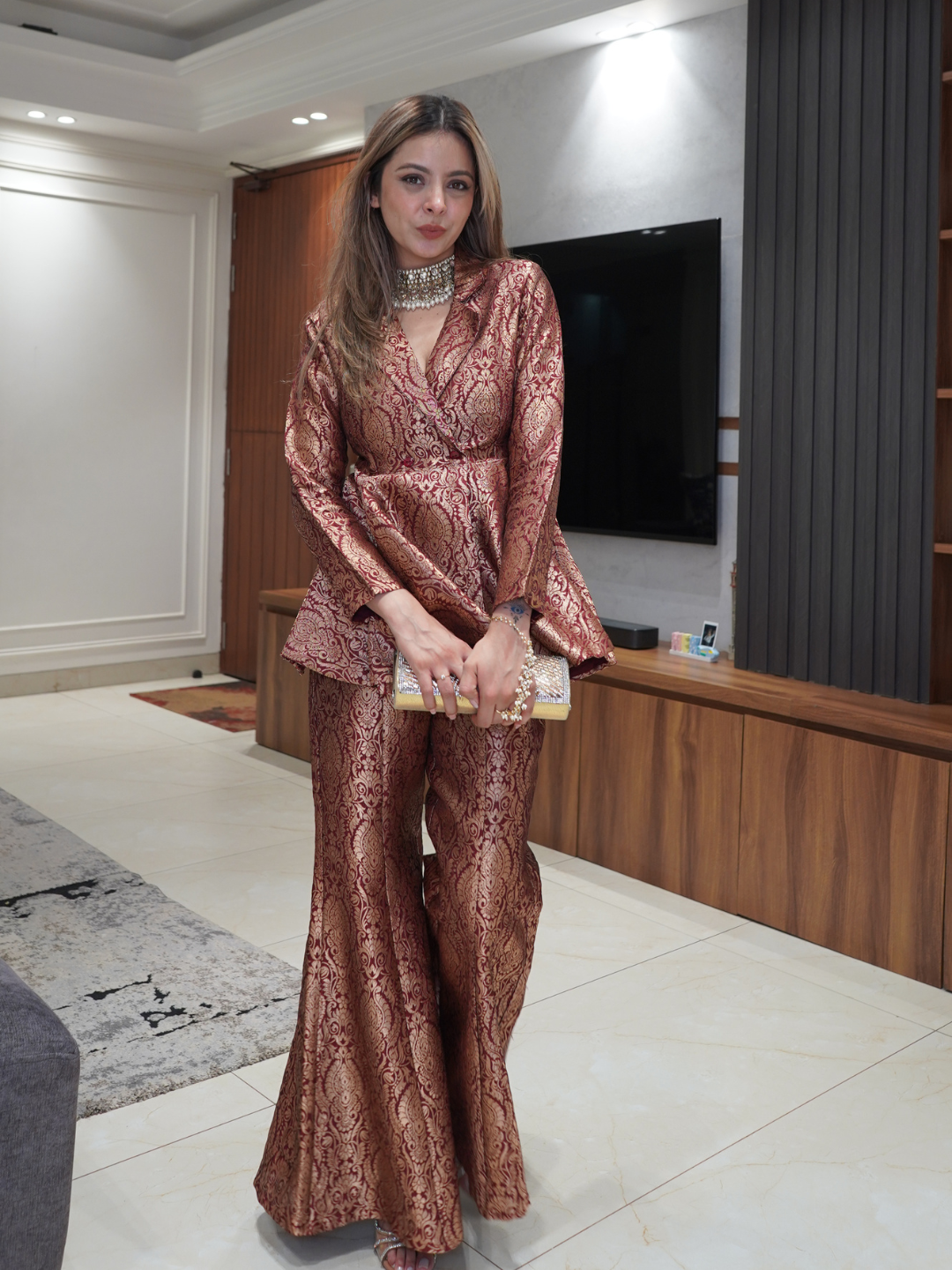 Golden Sage Peplum Top with Flared Pants