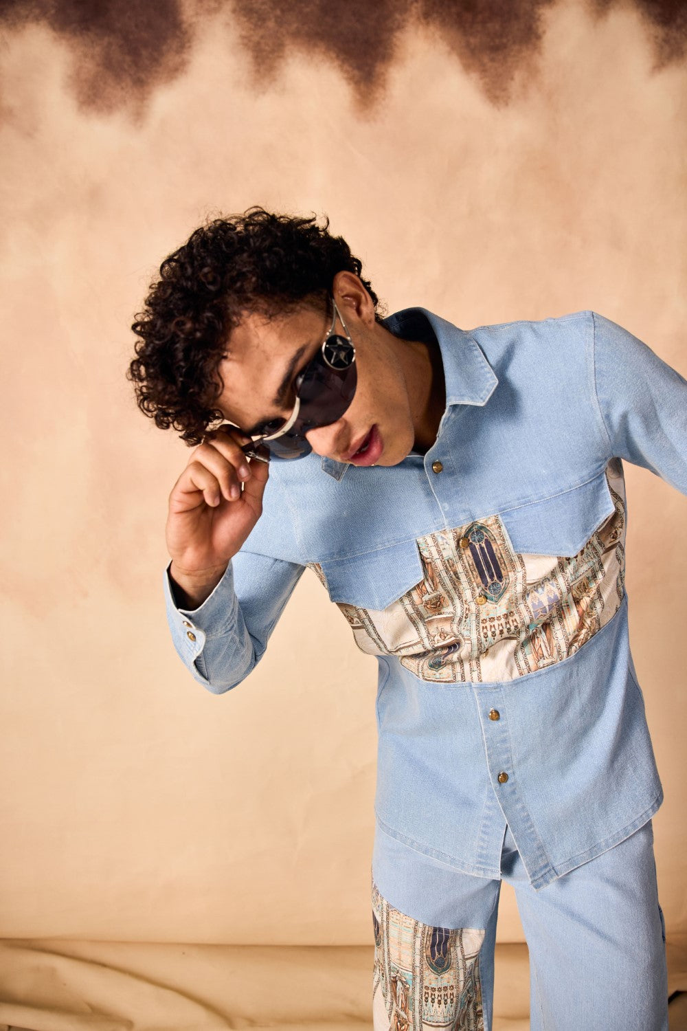 Ancient Roman Print Yoke Denim Shirt & Trouser Co-ord Set