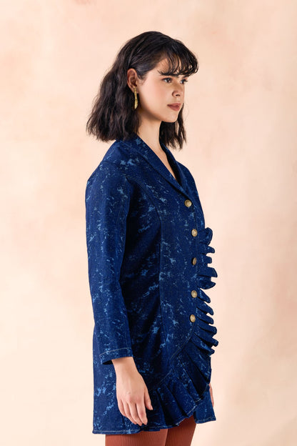 Lapel Collar Frilled Blazer Textured Denim Short Dress