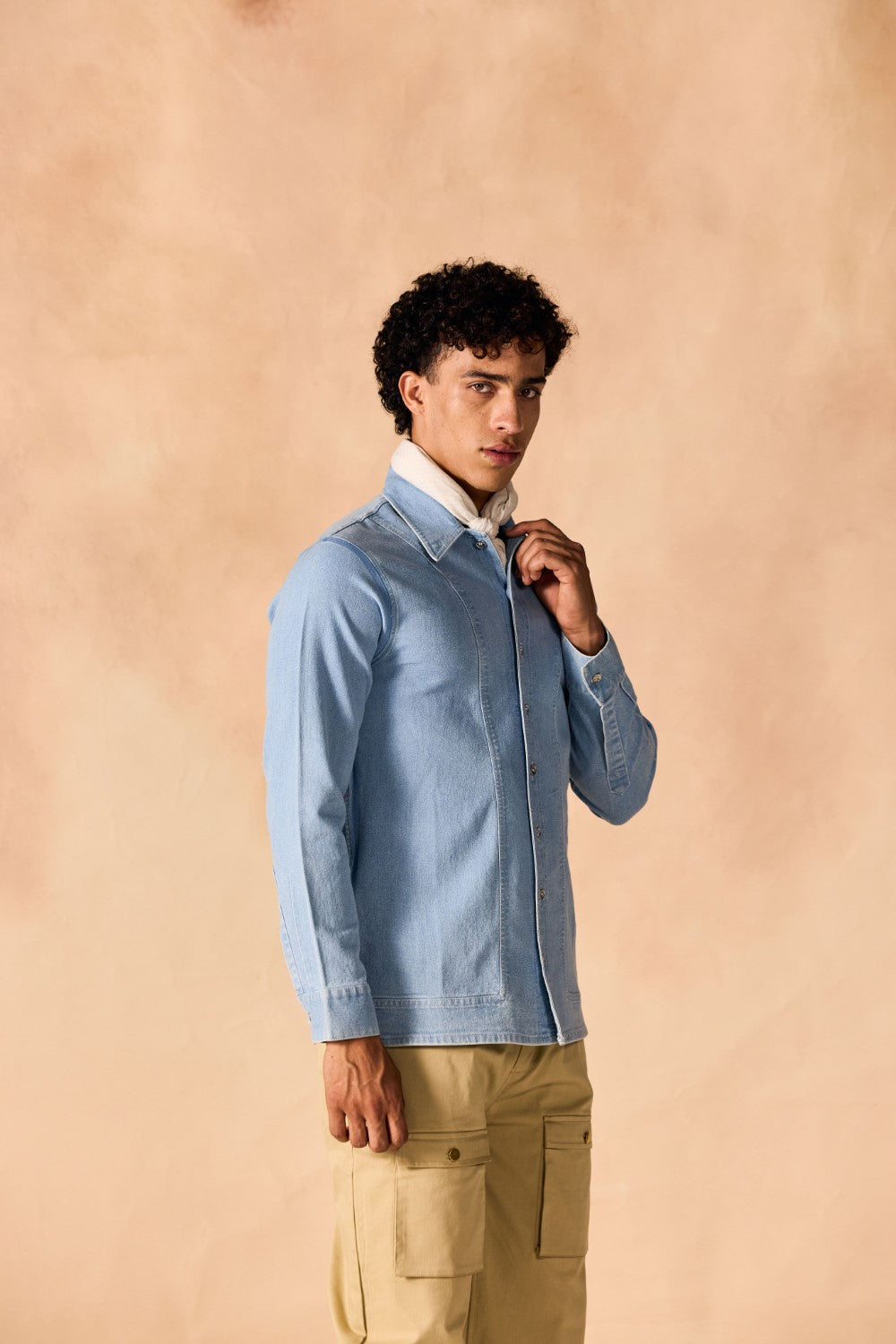 Ice Wash Denim Button-Up Paneled Shirt