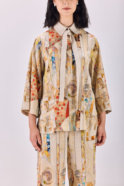 Nouvean Art Print Tie Neck Top & Pant Co-ord Set