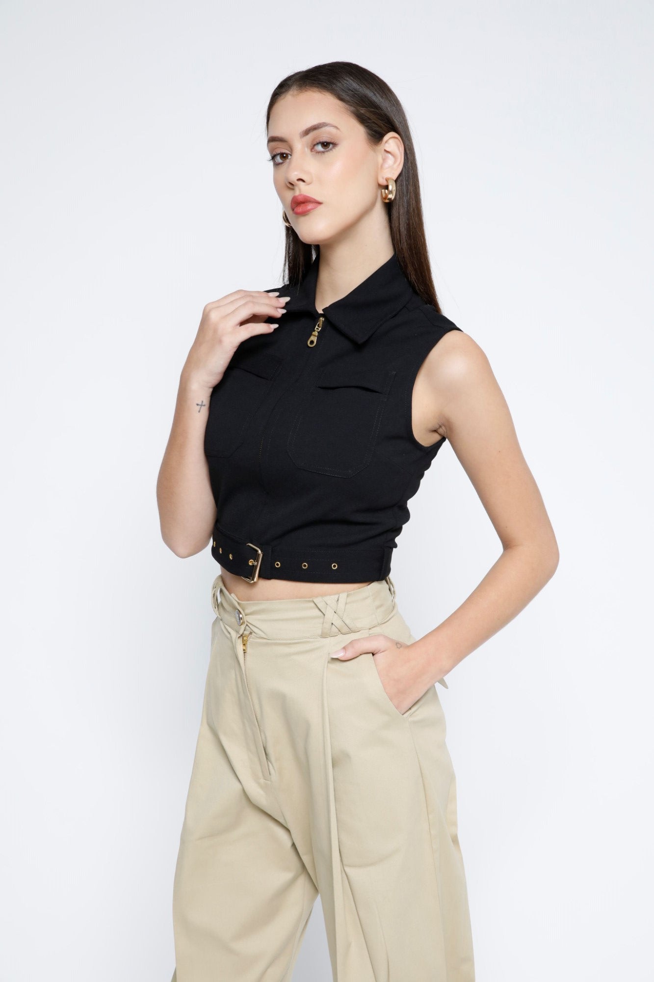 Gold Metal Zip Belted Crop Top