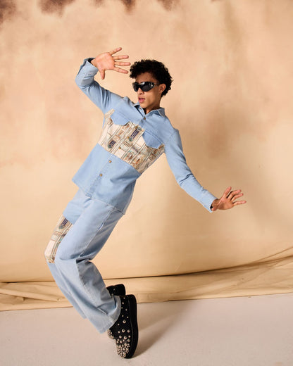 Ancient Roman Print Yoke Denim Shirt & Trouser Co-ord Set