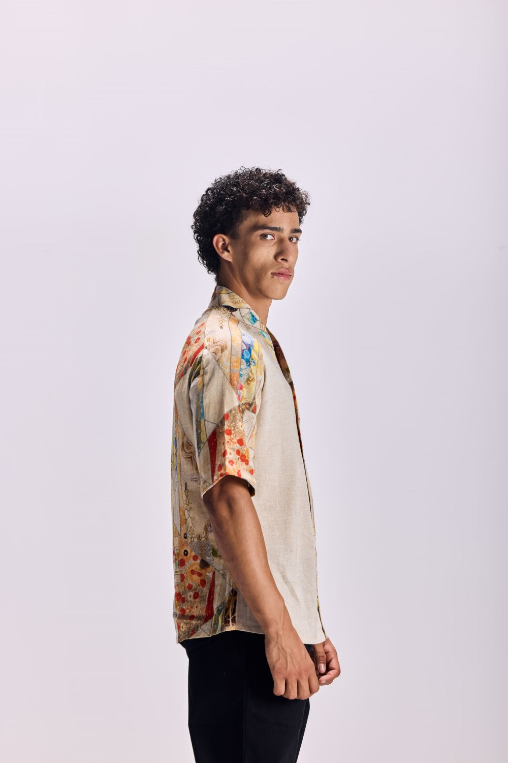 Nouvean Art Print V-Neck Paneled Shirt