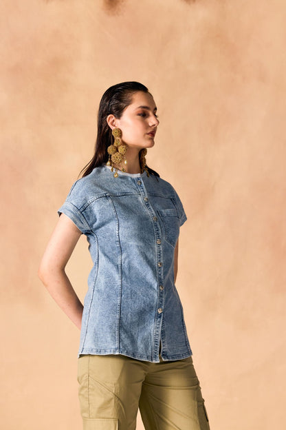 Short Sleeve Button-Up Stone Washed Denim Shirt