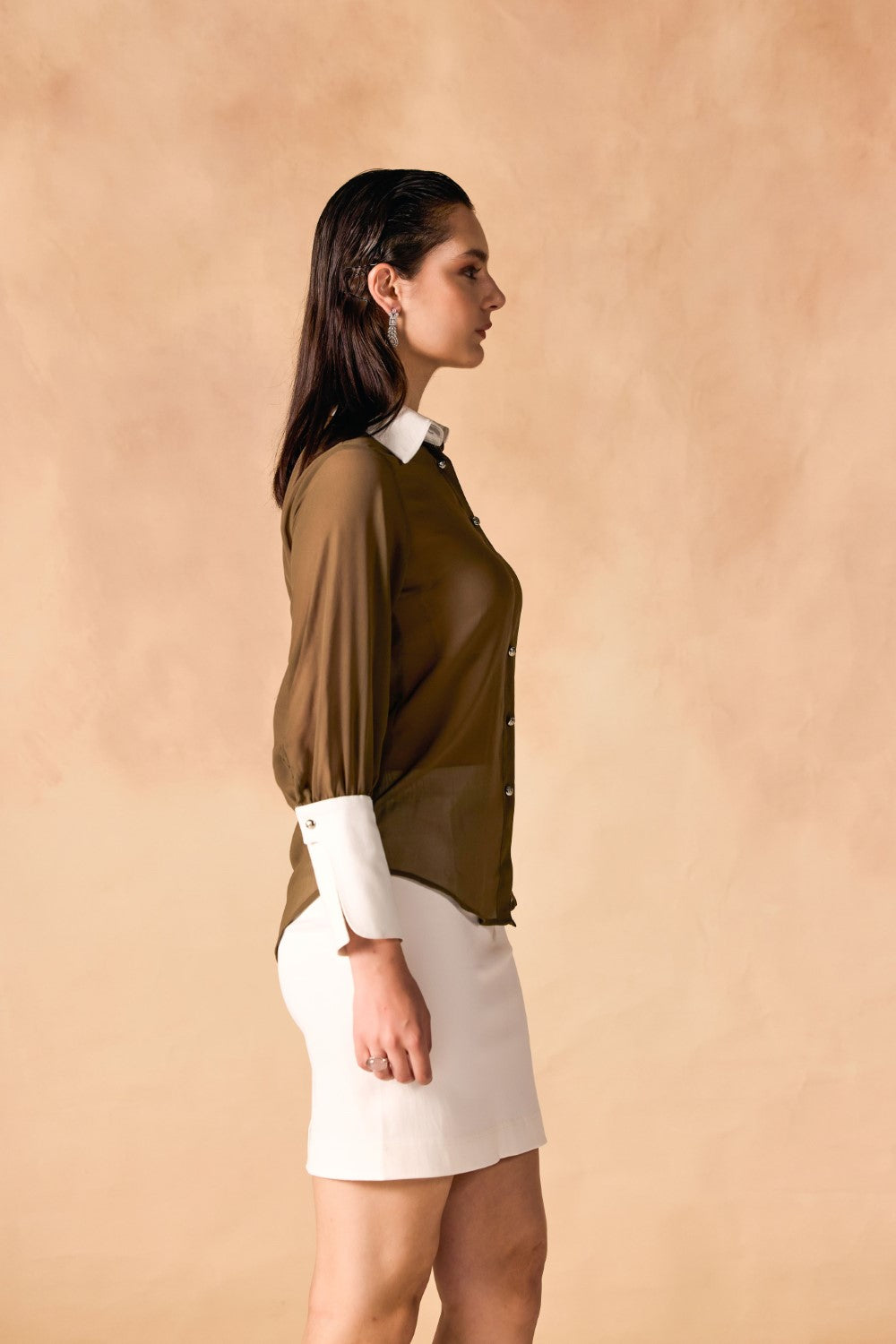 Button-Up Contrast Collar & Oversized Cuffs Georgette Sheer Shirt