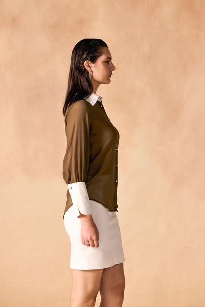 Button-Up Contrast Collar & Oversized Cuffs Georgette Sheer Shirt